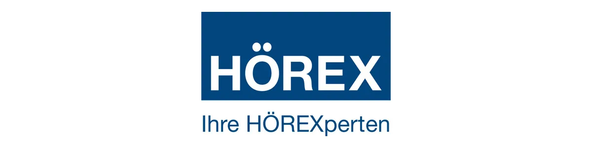 HÖREX Logo mit Slogan „Ihre HÖREXperten“ in blauer Schrift auf weißem Hintergrund.