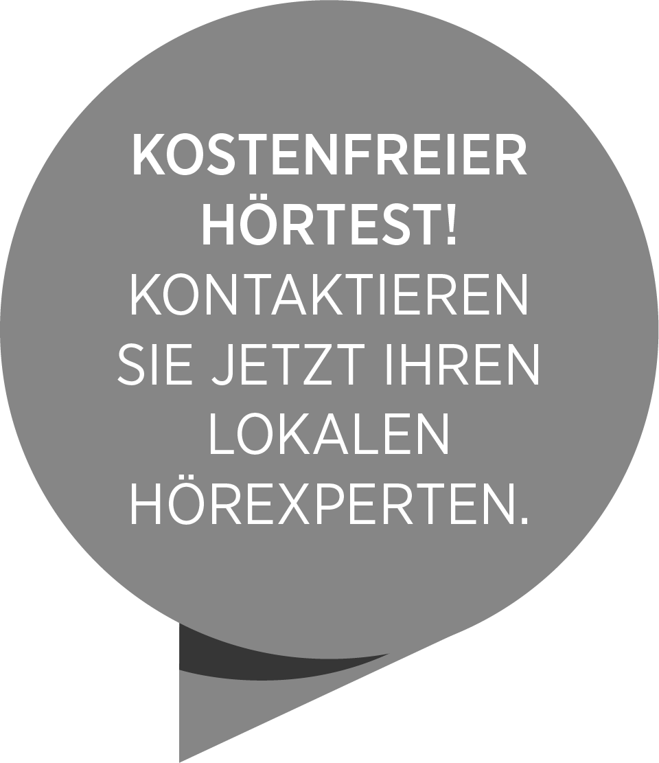 Graue Sprechblase mit Hinweis auf kostenfreien Hörtest beim lokalen Hörakustiker.